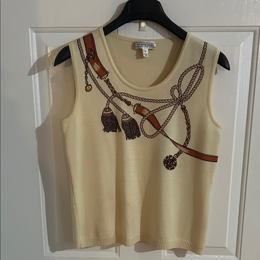 St. John Cream 100% Wool Tank with Rope Accents